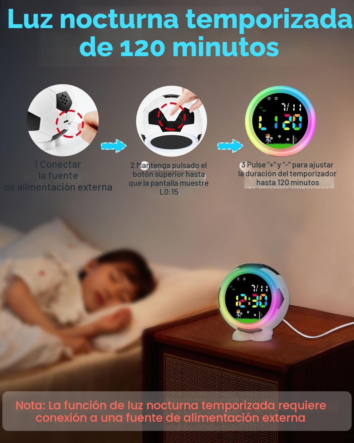 Fútbol Reloj Despertador Niño,Reloj Despertador Digital Infantil con Función Snooze, Luz Nocturna, 6 Tonos, Alarmas Dobles, Sistema 12/24 Horas