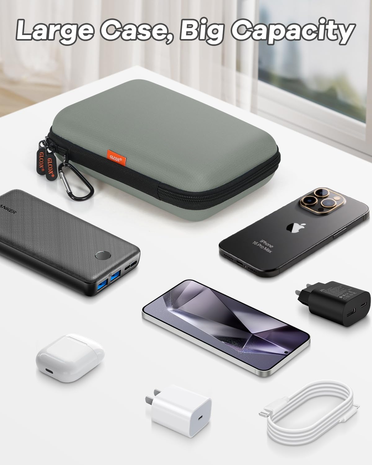 Large Hard Carrying Case - Universal Electronic Organizer Storage Case Bag - Gray-Green + Light-Blue