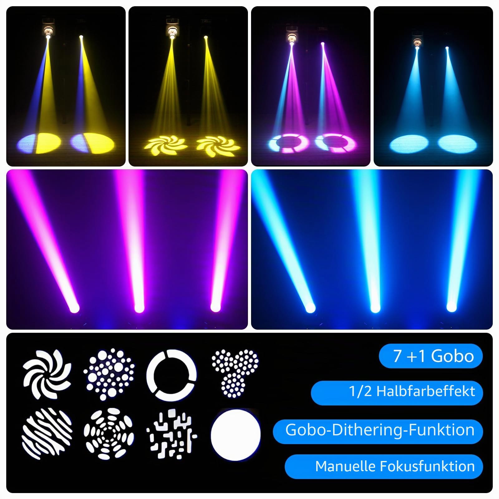 4PCS Moving Head LED mit Flightcase 60W 8 Gobos 8 Farben Beam Discolicht Partylicht DMX RGBW Lichteffekte 9/11 Kanäle für DJ Club Weihnachten Bar Partybeleuchtung Licht