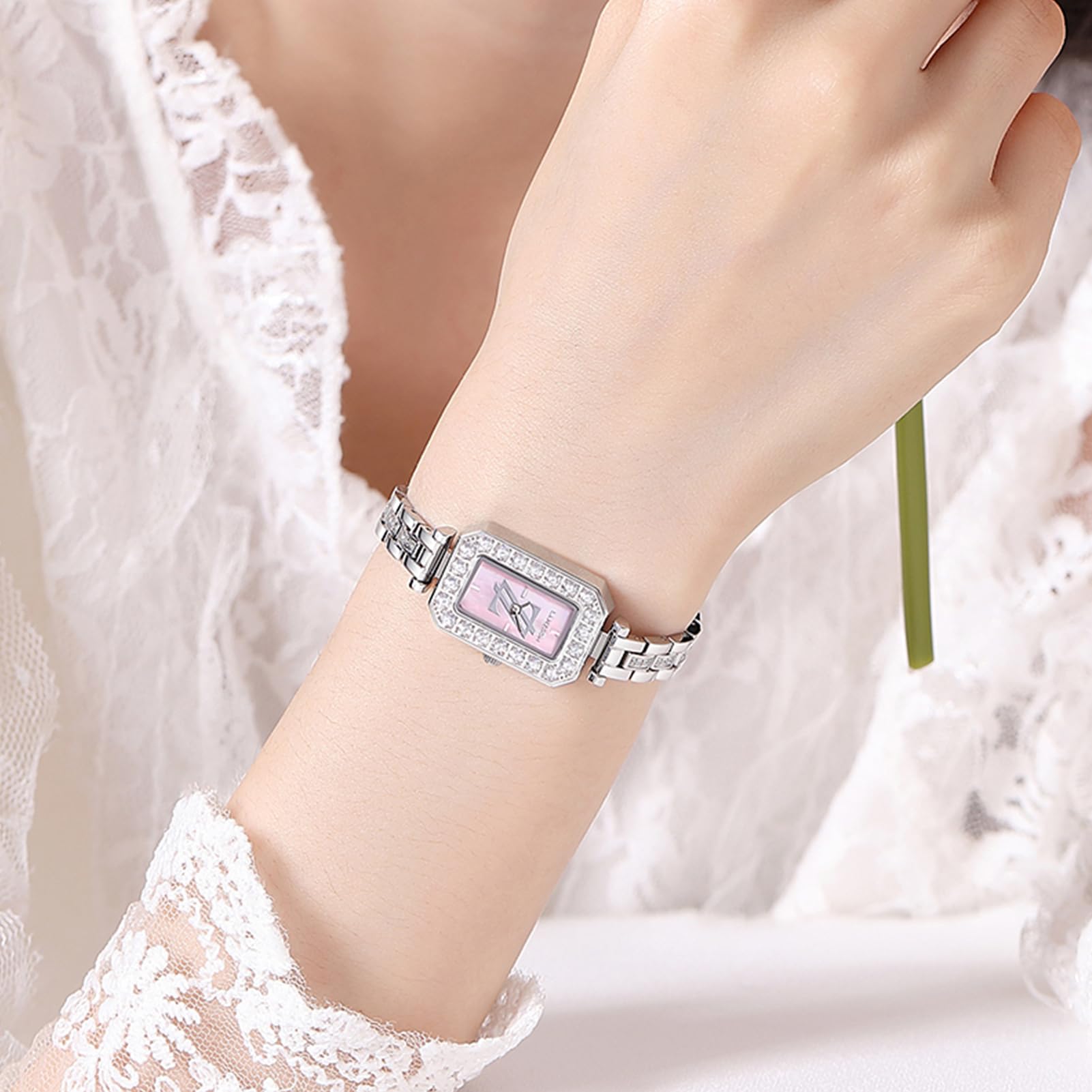 LANZOOM Diamant-Uhren für Damen, Gehäuse und Armband aus 316L-Edelstahl, mit rosa Perlmutt-Zifferblatt, Silber / Pink, Zierlich süß