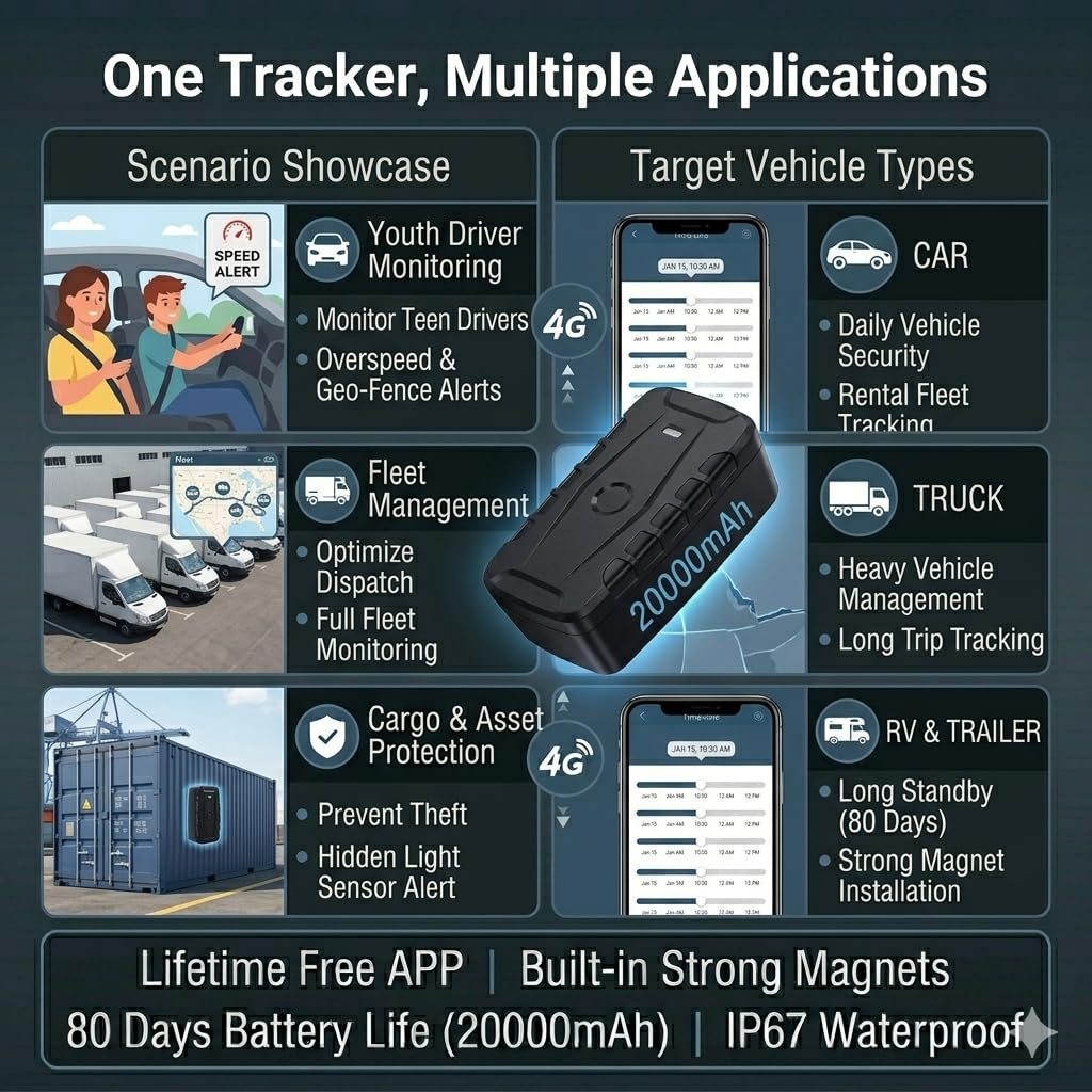 TKMARS TK918 GPS Tracker Auto 20000mAh - Localizzatore Con App Gratuita Senza Abbonamento, Magnetico, Antifurto, Posizione in Tempo Reale per Auto e Moto