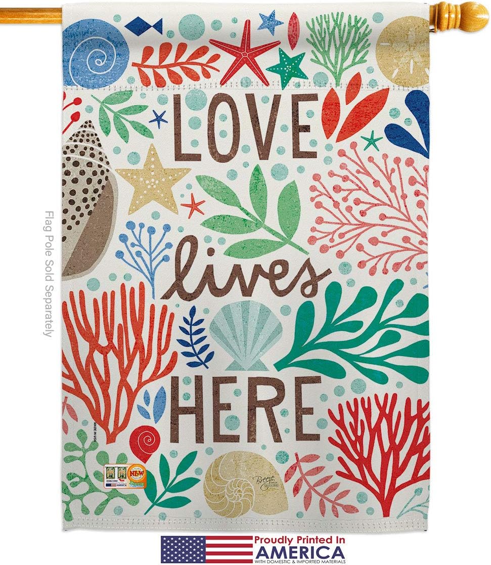Love Lives Here House Flag Dowel Set Coastal Beach Tropical Sea Shells Ocean Sand Outdoor Summer Coral Small Decorative Gift Yard Banner Made In USA 28 X 40