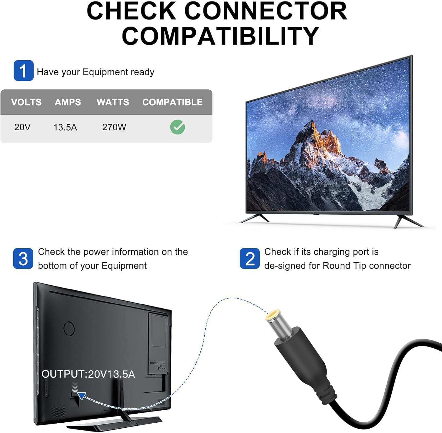 20V Power Supply Compatible with LG 45-inch Ultragear OLED Gaming Monitor, Model AD10660LF, Black, for 45GS96QB 45GS95QE 45GX90SA Series