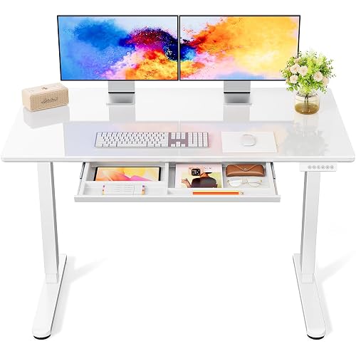Marsail Glass Electric Standing Desk with Drawer, 48 x 24 Inches Height-Adjustable Desk, One-Piece Tempered Glass Top, Ergonomic Home Office Sit Stand Desk with 4 Preset Heights, White