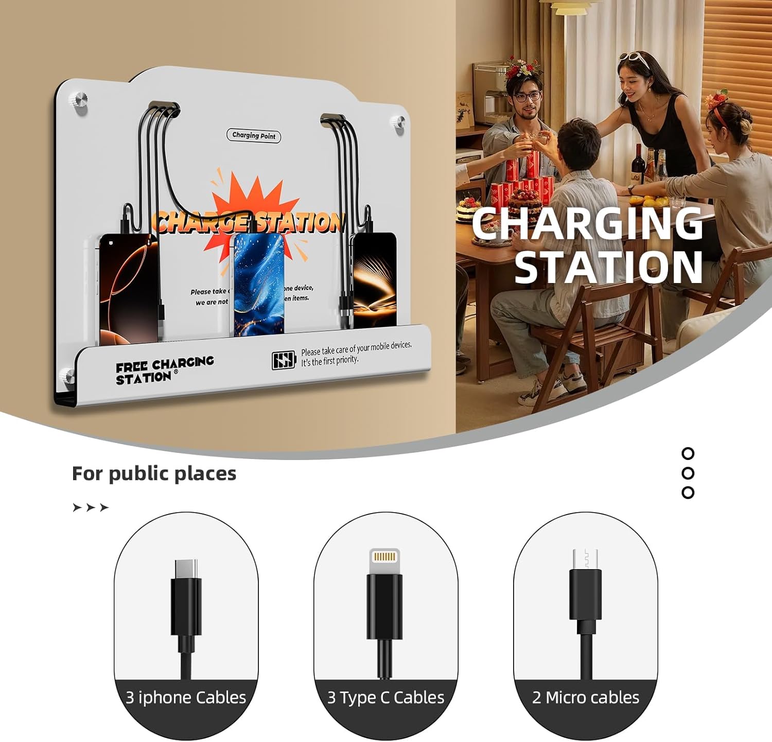 8-Port Wall Mounted Charging Station with Universal Cables – Fast Charging Dock for iPhone, Android & Type-C Devices – Perfect for Office, Airport, Hotel & School Use (White)
