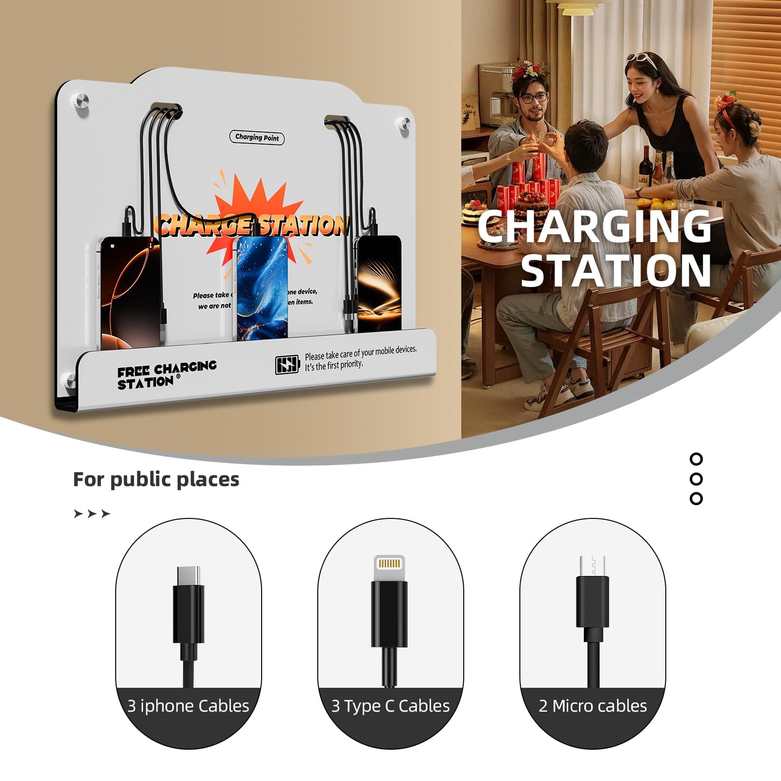Estación de carga de pared de 8 puertos con cables universales, base de carga rápida para iPhone, Android y dispositivos tipo C, perfecta para oficina, aeropuerto, hotel y escuela (blanco)