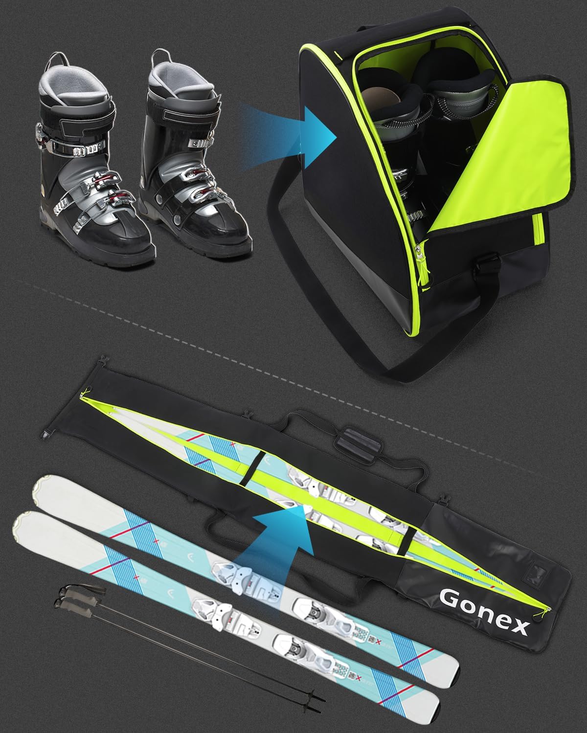 Gonex Padded Ski Bag and Boot Bag Combo, Water-Resistant Adjustable Length Ski Bag for Men Women, Large Ski Boots Bag for Ski, Travel, Store and Transport