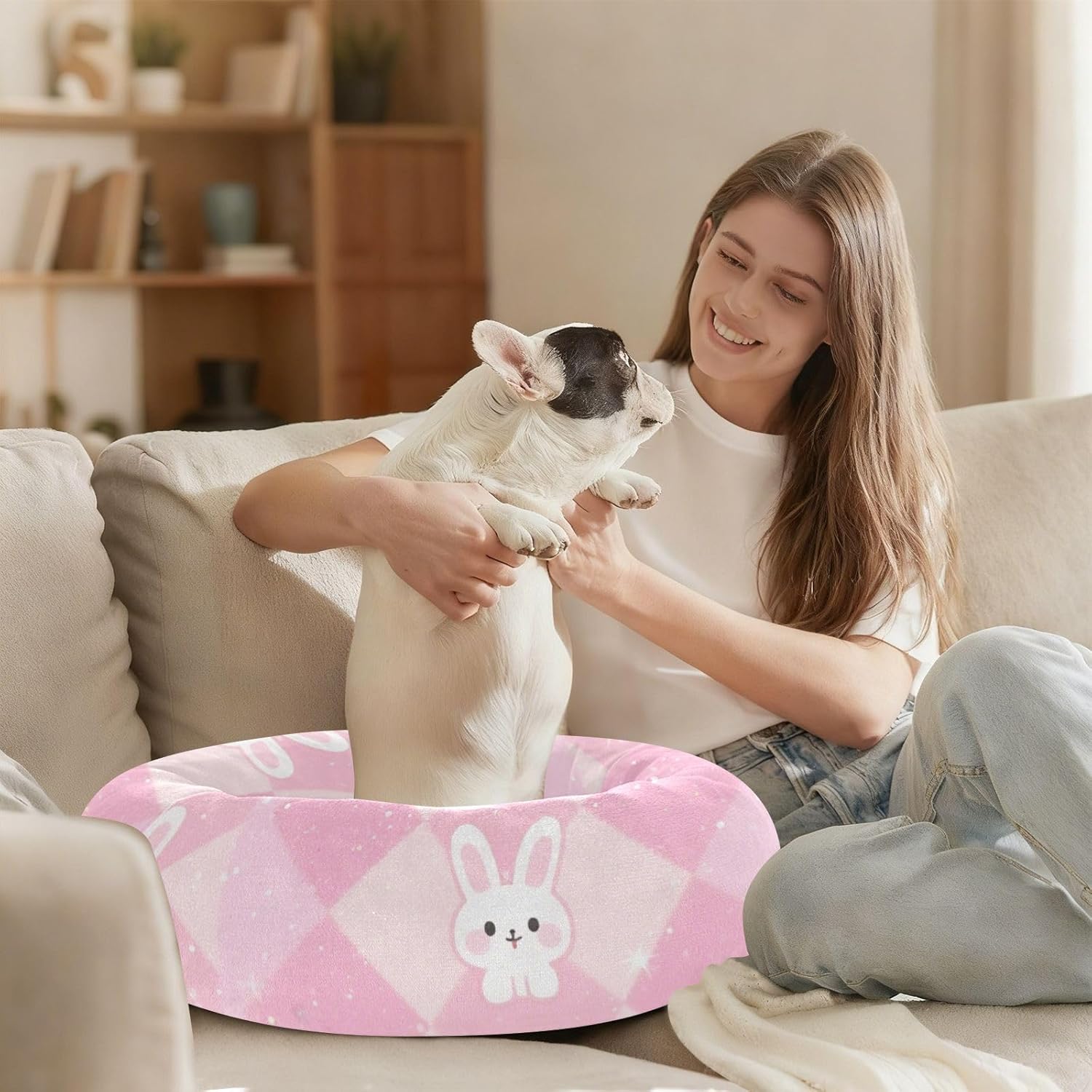 Pastel Rabbit Peach Pet Cat Bed Warm & Soft Dog Pillow Bed for Medium Size Pets Sleeping S