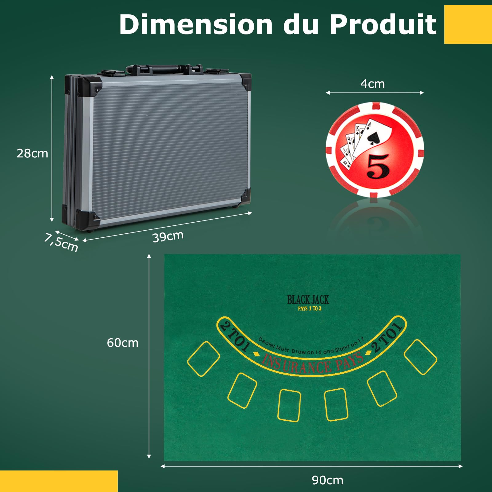 COSTWAY Mallette de Poker en Aluminium avec 400 Jetons & 2 Jeux de Cartes & 5 Dés, Coffret de Poker Verrouillable avec 1 Dealer & Tapis en Feutre & 2 Clés pour Casino Fête Soirée en Famille