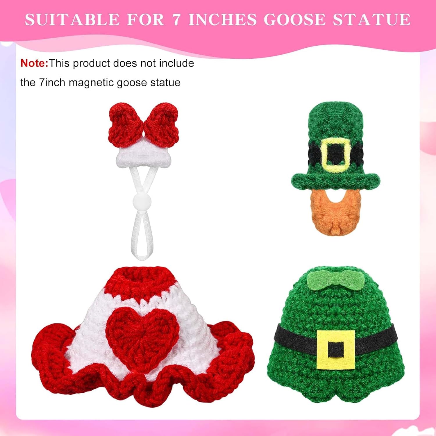 JcHrmers 2 Sets 7 inch Desk Goose Outfits Valentine's Day St. Patrick's Day Mini Desktop Goose Knitted Clothes for Magnetic Goose Statues Holiday Decor