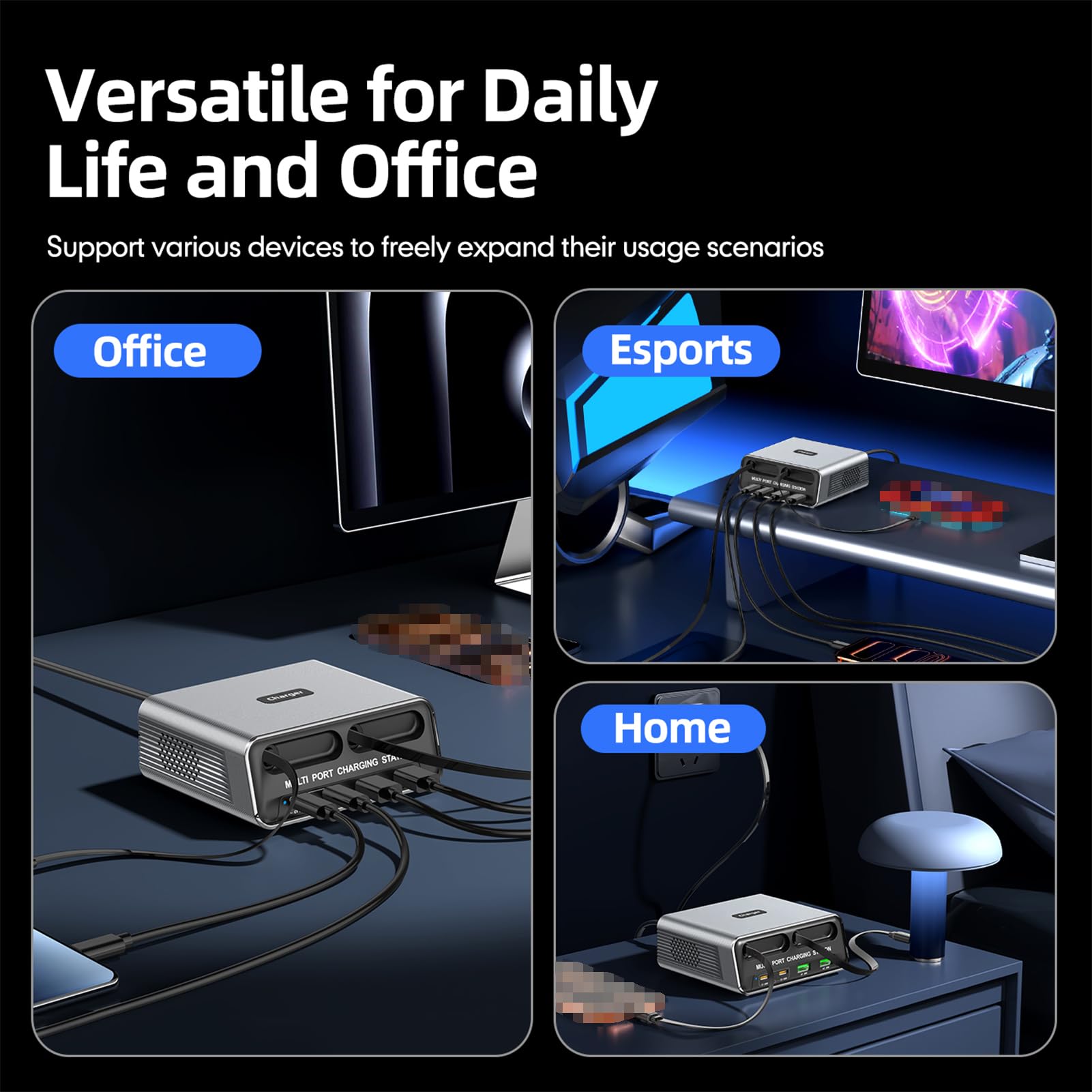 Cargador de Escritorio de 6 Puertos con Pantalla de Alta Definición, 2 Puertos PD y 2 USB, Estación de Carga Rápida de 65 W para Múltiples Dispositivos, Ideal para (Enchufe Estadounidense)