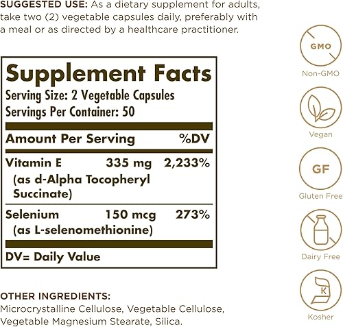 Vista 2 de SOLGAR Vitamina E seca con selenio sin levadura, 100 cápsulas vegetales, soporte antioxidante avanzado, sin OMG, vegano, sin gluten, sin lácteos