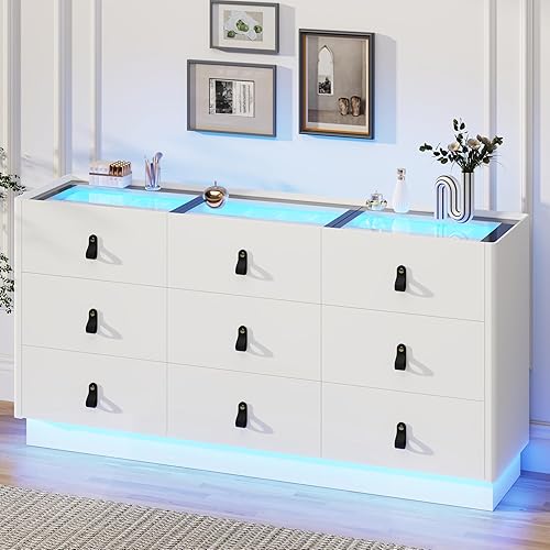63 Inch Dresser with Jewelry Drawers & Glass Top, Modern Chest of Drawers with LED Light, Closet Island, Leather Handle, Arc Design, White