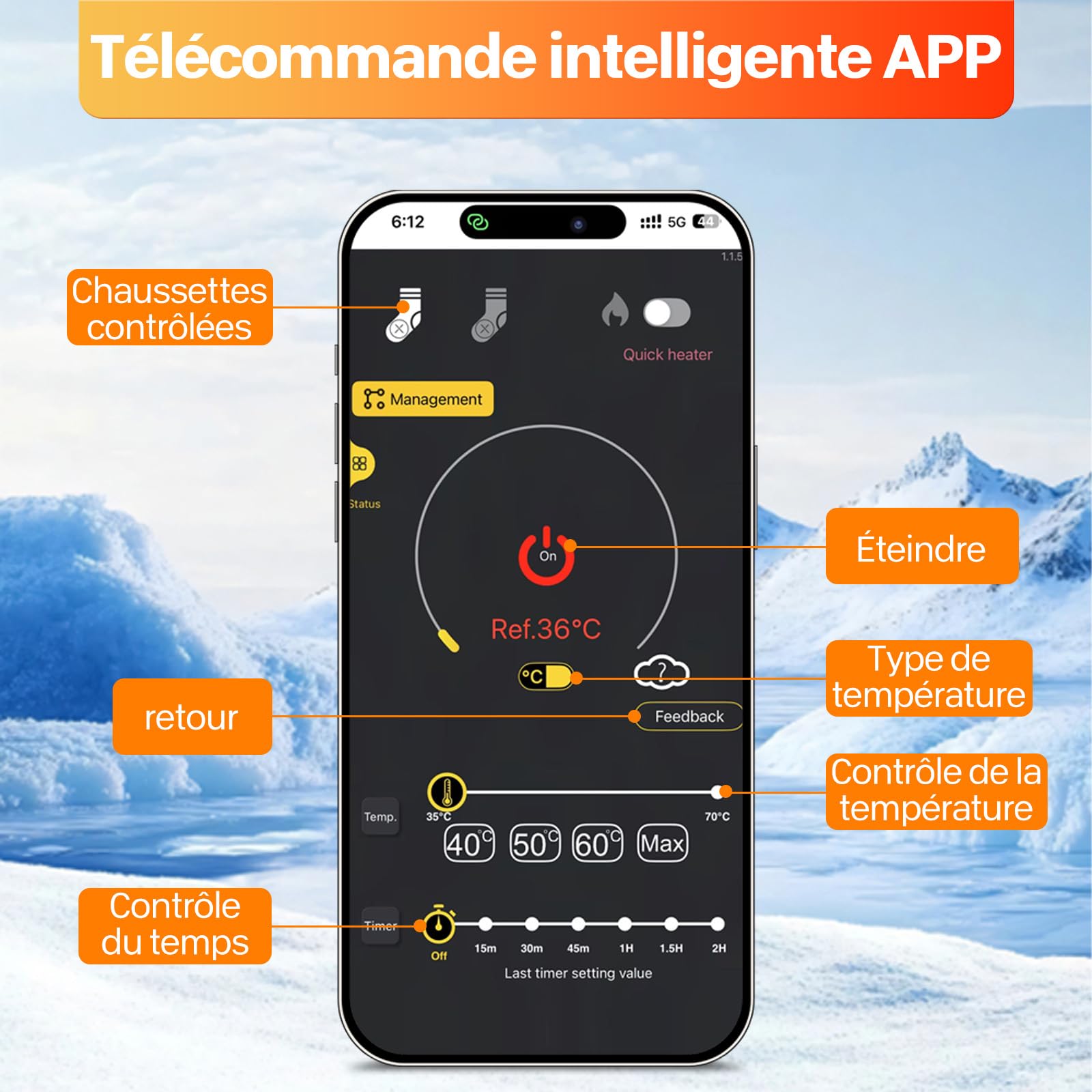 Chaussettes Chauffantes, Atterie Rechargeable De 5000 Mah, Chauffe-Pieds Chauffants à Vitesses avec TéLéCommande App, Skiing, Camping, Chasse, Bottes Chaudes, Cadeaux d'hiver pour Femmes Et Hommes