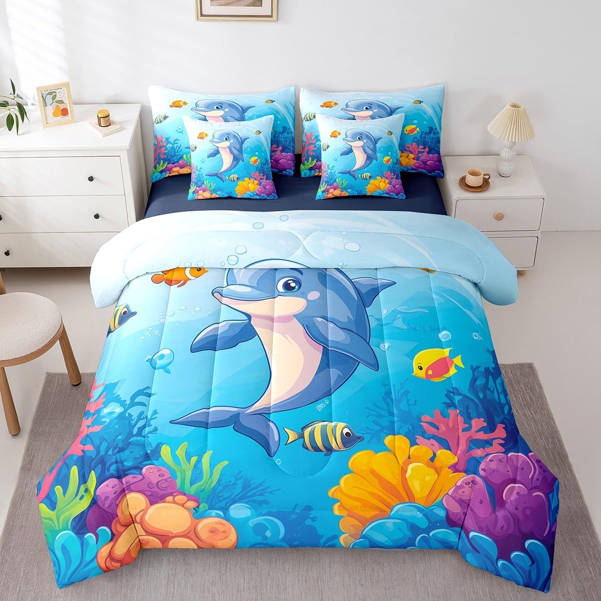 Erosebridal Kawaii Dolphin Queen Comforter Set, Cute Fishing Underwater Soft Bed Set for Kids Teens Adults, Cartoon Fish Coral Bed in a Bag Sheets Set for Bed, Kids Marine Life Bedding Accessories