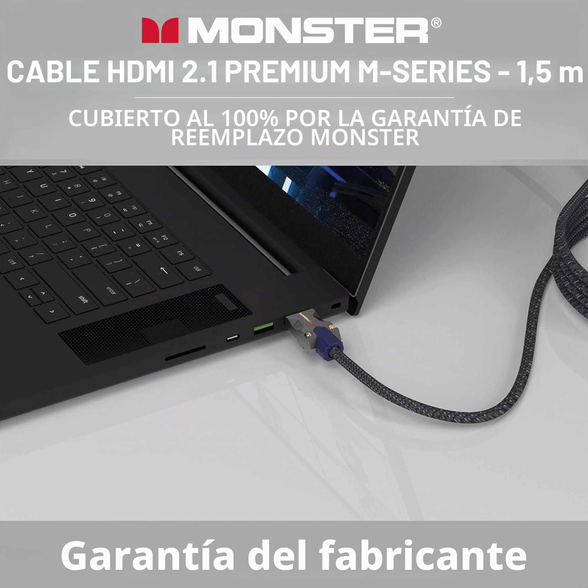 Monster - Cable HDMI de resolución 8K - Vídeo HDR - 48 GBPS - Velocidad flash - Conectores V-Grip - Triple Blindaje - 1,5 metros - Garantizado de por vida - Negro