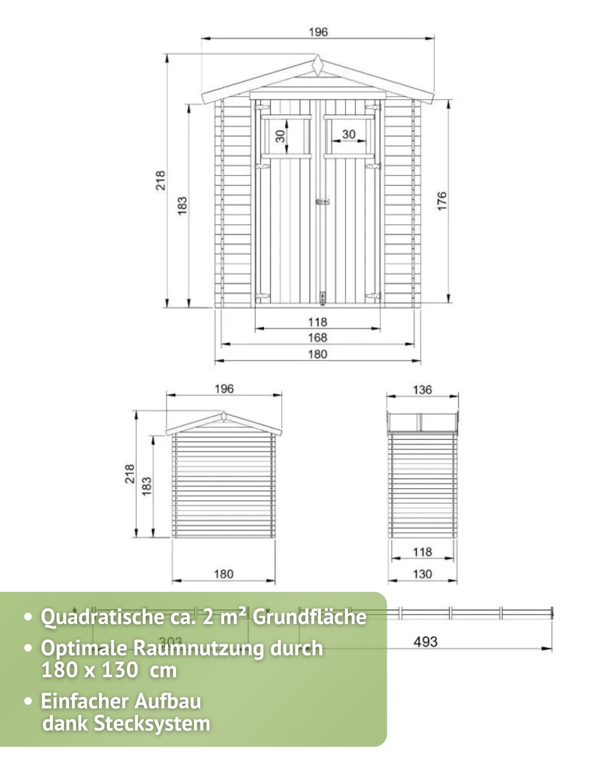 Steiner Shopping Gartenhaus Salzburg 19 mm I 180 x 130 cm aus Holz I Massiver Geräteschuppen mit Doppeltür I Kompaktes Gerätehaus für Gartengeräte & Fahrräder I Robuster Gartenschuppen