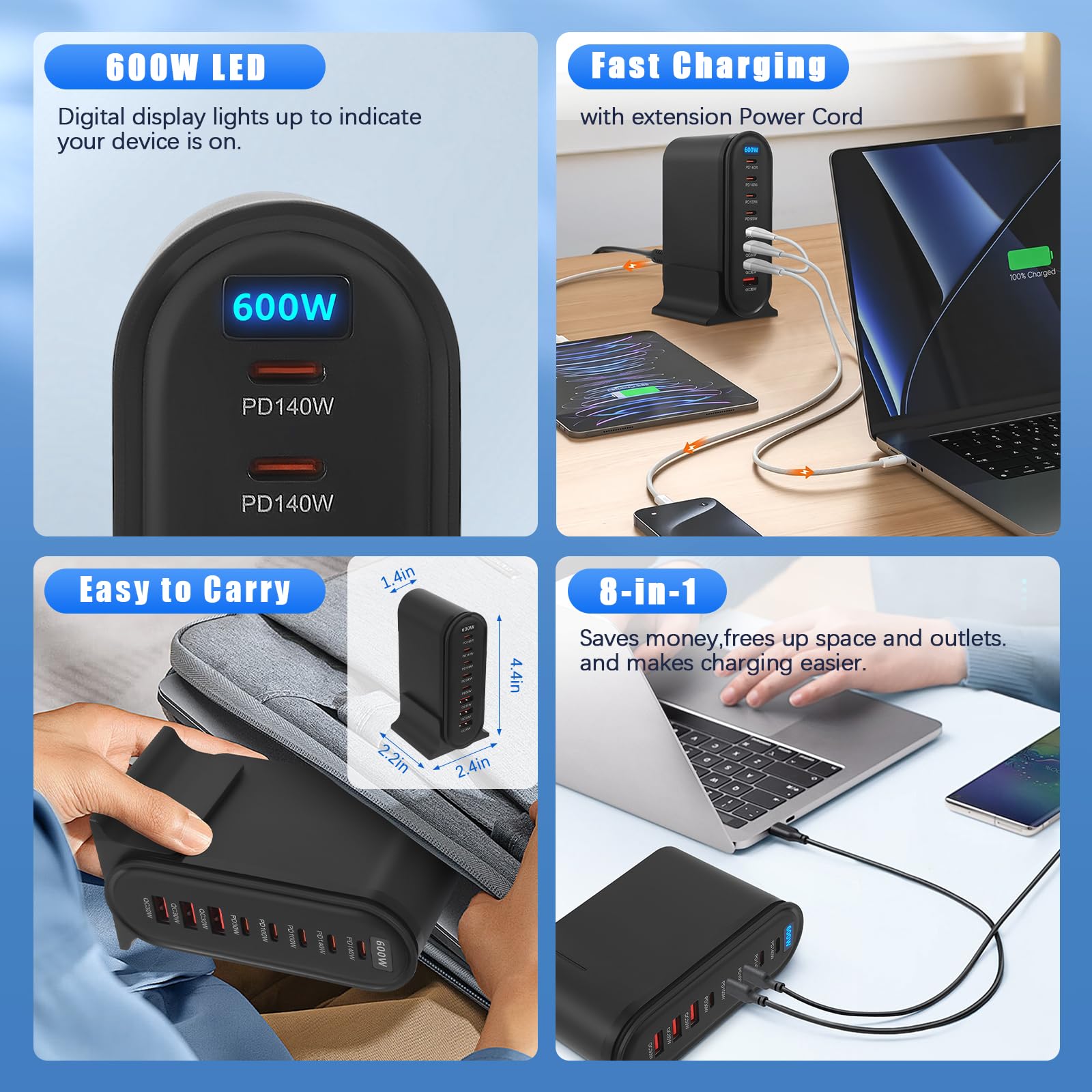 600W Chargeur USB C Multiple, 8 Ports Chargeur Rapide GaN Multiprise QC+PD, Chargeur Rapide Prise Station de Charge Compatible avec Laptop Phone