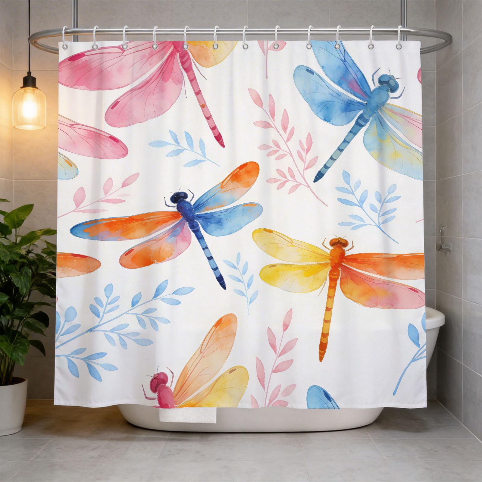 Hongduo 3D Watercolor Dragonfly Shower Curtain for Stalls Bathtubs Nature Art Bathroom Decor Shower Curtain Set Polyester Fabric Waterproof 180x180cm/71X71 Inch with Hooks