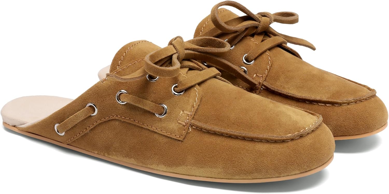 Black Suede Mules for Women Bow Lace up Slip-on Flat Loafers Comfortable Round Toe Casual Boat Slippers Shoes