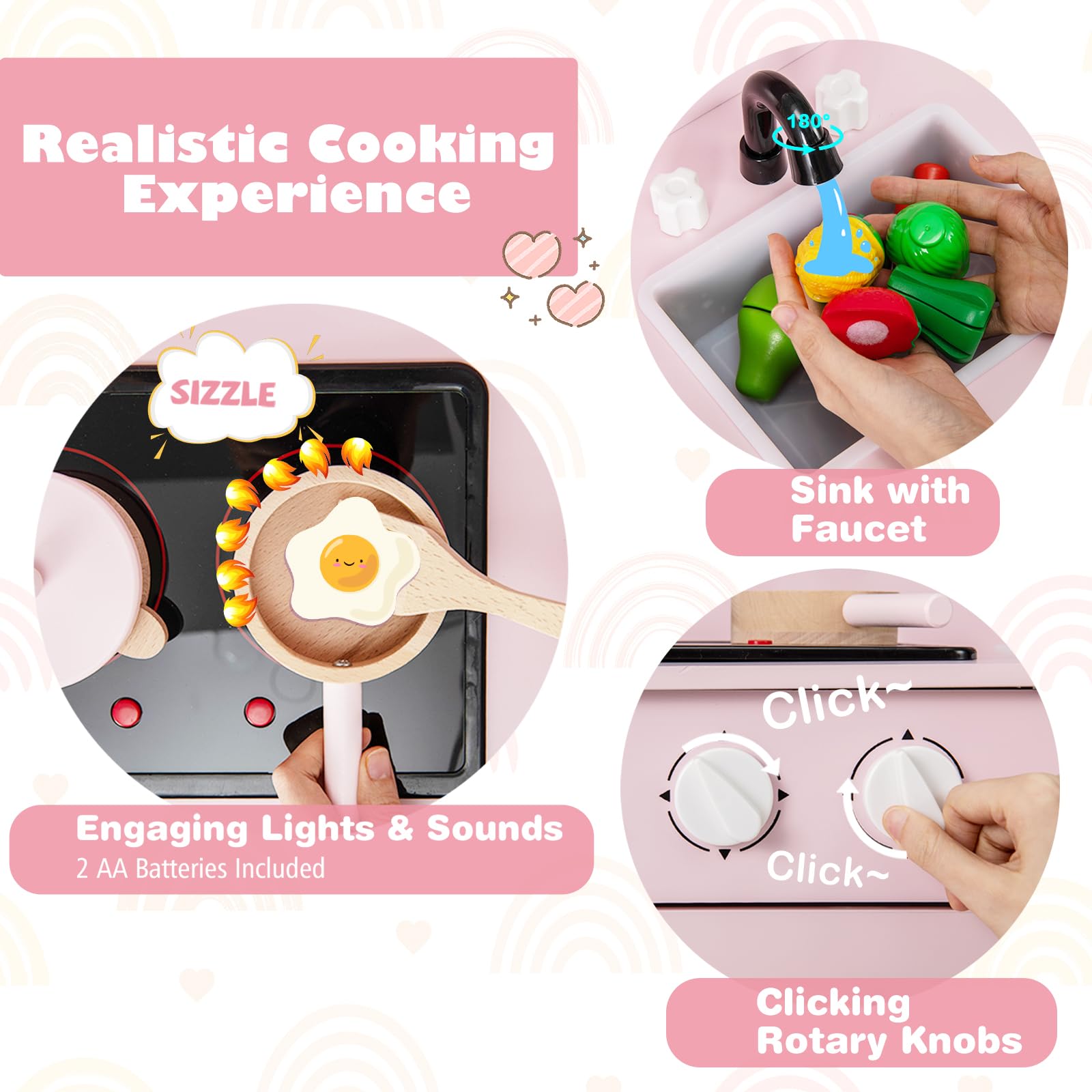 HOMASIS Cuisine pour Enfant en Bois, Ensemble de Cuisine avec Effets de Lumière et de Son Cuisinière, Évier, Étagères de Rangement, Four, Ustensiles pour Enfants de 3 Ans + (Rose)