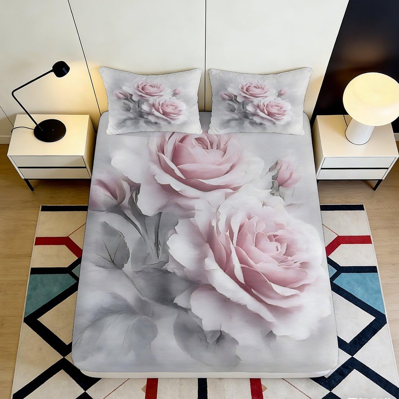 Kzqnxhjprl Style-2 3D Printed Pink Rose Fitted Sheet Microfiber Soft Floral Bed Sheet Romantic Bedroom Decor Mattress Cover 90X200x25cm