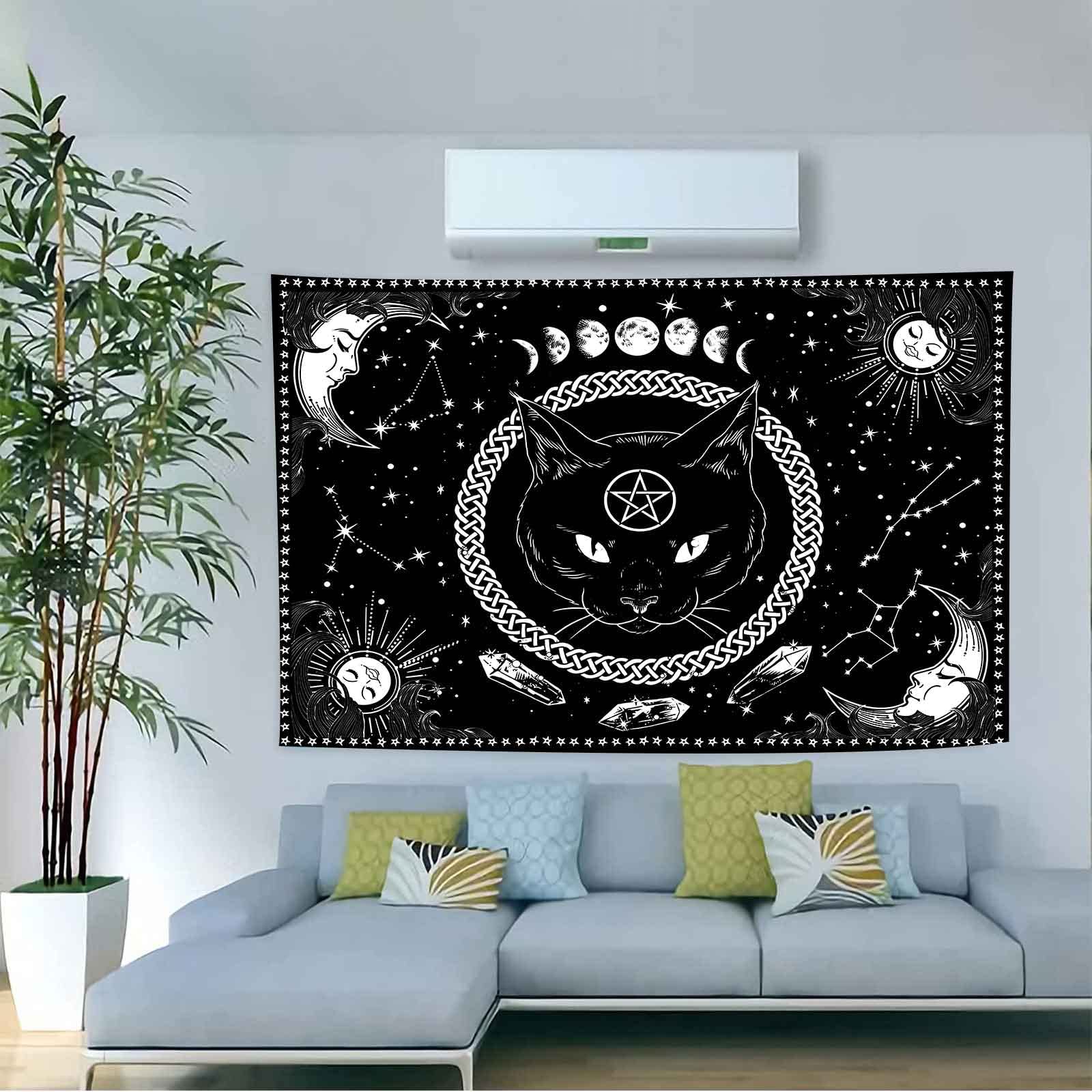 Aidatain Witchcraft Tapestry Egypt Cat Black and White Bohemian Hippie Sun Moon Tapestry Flannel Sma