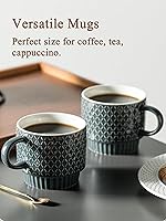 Vista 6 de Gomakren Juego de Tazas de Café de 4 Piezas, Juego de Tazas de Café Apilables de 13 Onzas con Soporte, Taza de Café Navideña de Gres con Cuchara Gris