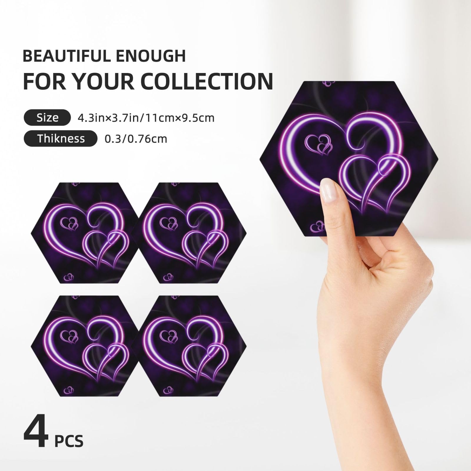 Fashional - Set di 4 sottobicchieri decorativi in ceramica con cuori viola stampati