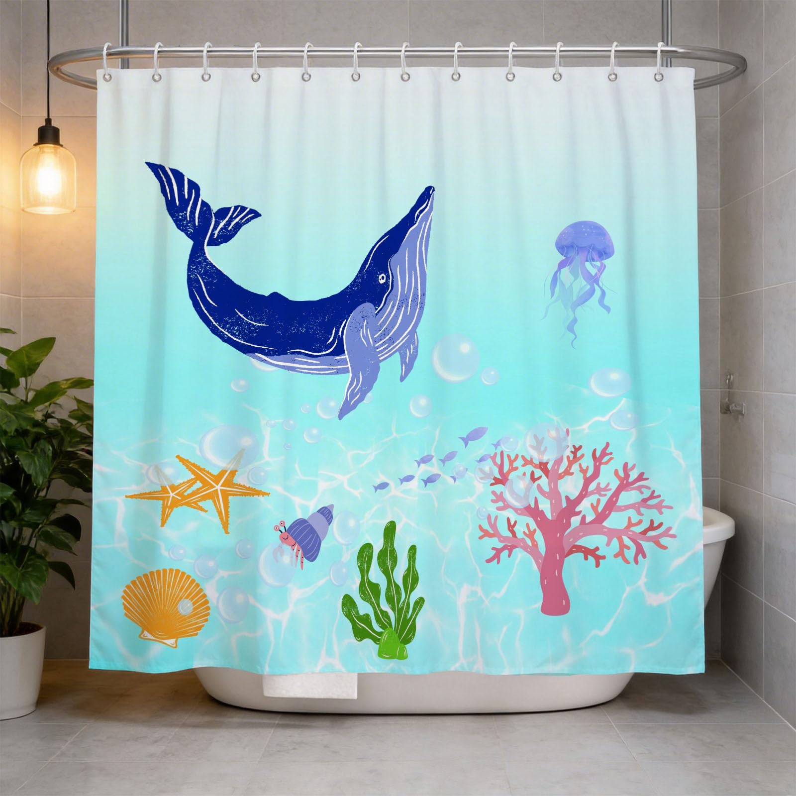 Hongduo 3D Whale Shower Curtain for Stalls Bathtubs Cute Lovely Bathroom Decor Shower Curtain Set Polyester Fabric Waterproof 200x200cm/79X79 Inch with Hooks