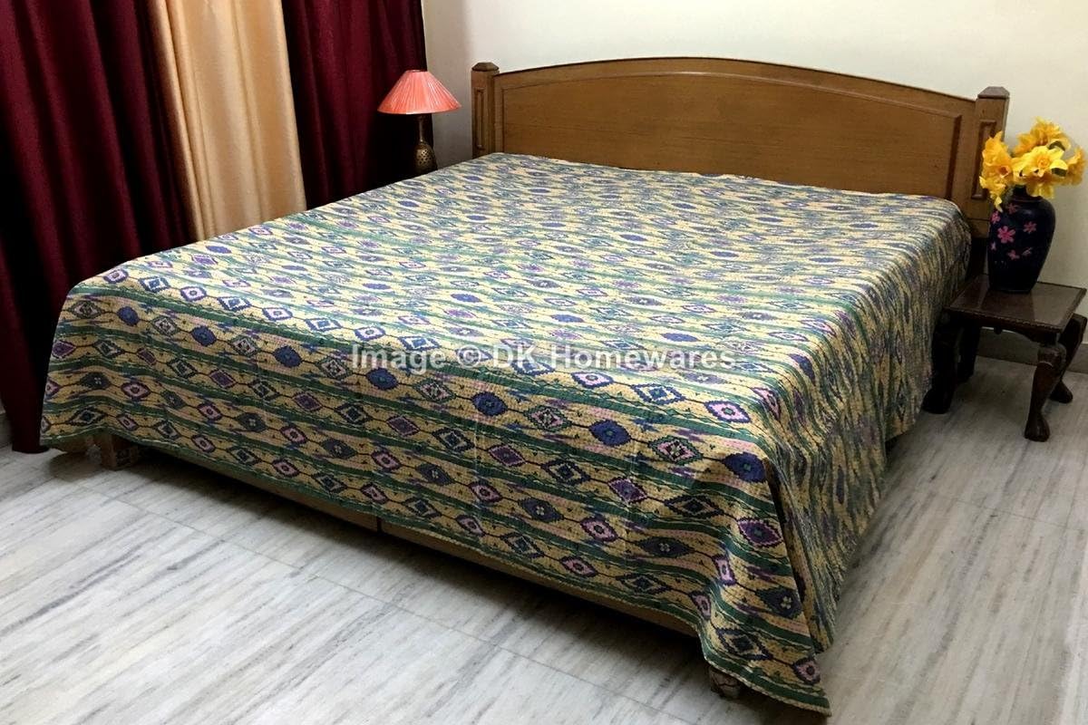 Indian Handmade Beige Queen Size Bedspread Cristmas Décor Cotton Kantha Work Ikat Printed Hand Stitched (108 x 90) -Set of 1 Quilt Bedspread