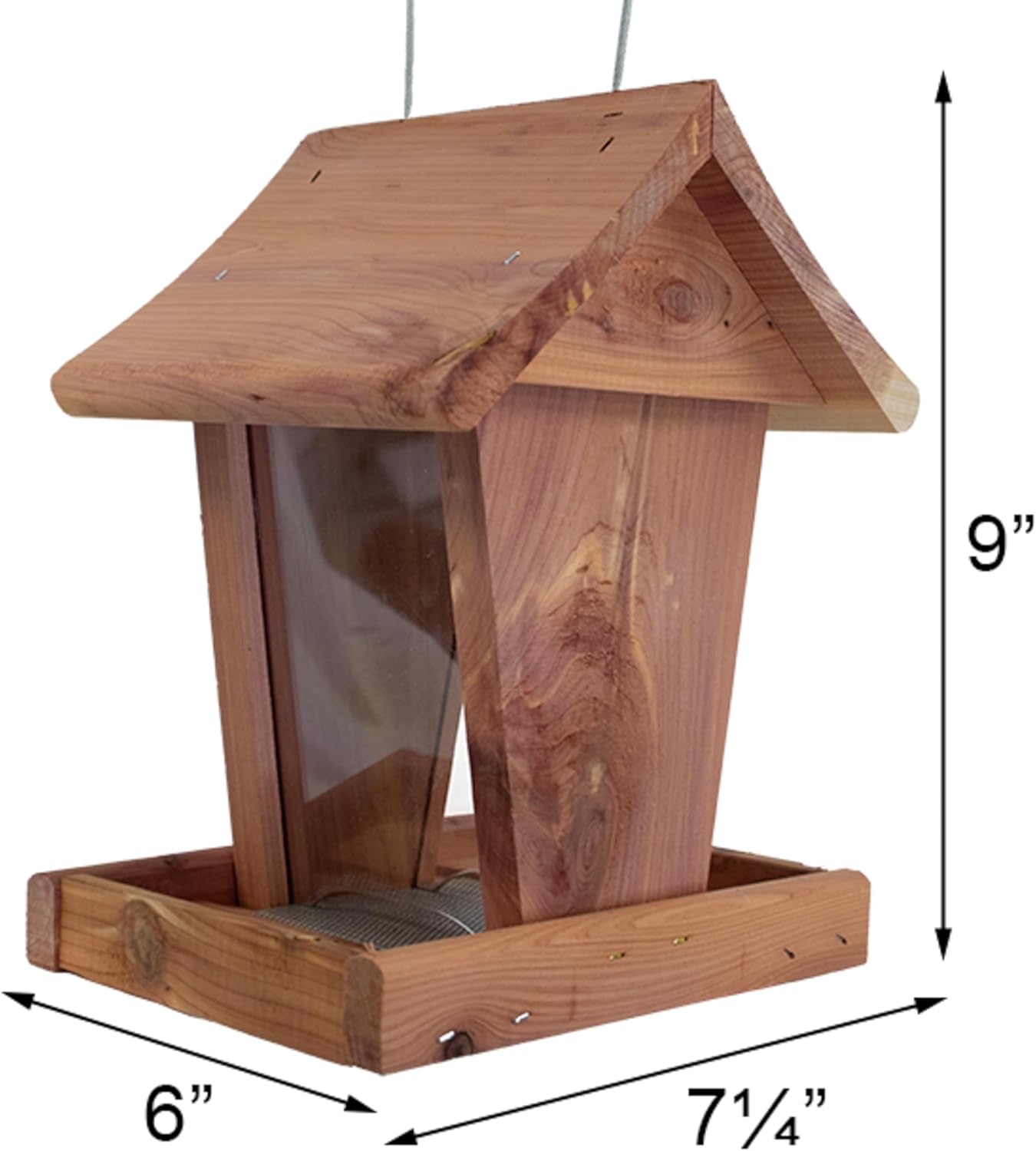 Amish Made Cedar Small Hopper Feeder by Prime Retreat, 0.75 Qt Seed Capacity, Clear Side Panels, Perforated Steel Drainage Base, Hanging Wild Bird Feeder with Cedar Construction for Outdoor Use