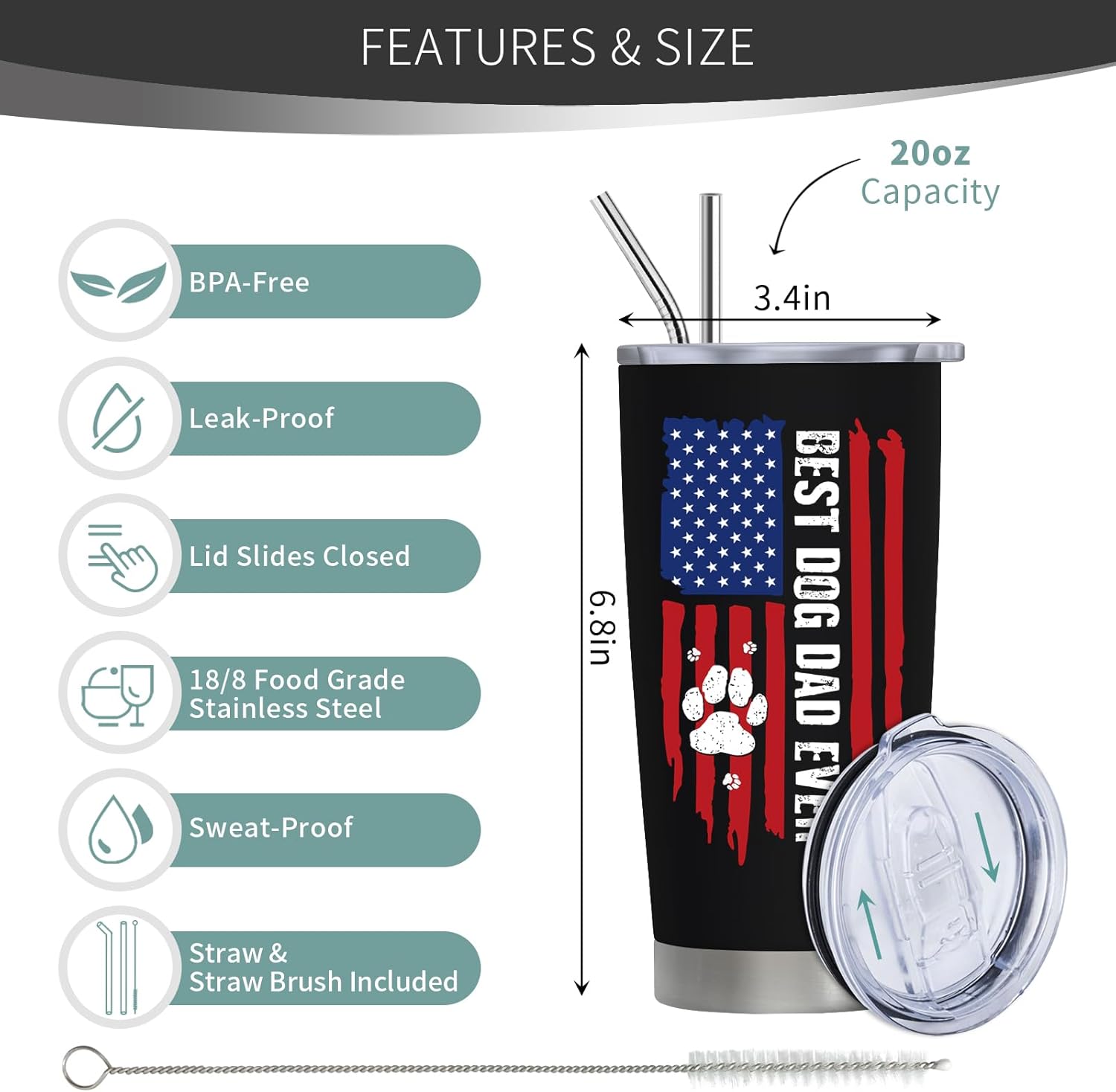 Dog Dad Gifts for Men, Best Dog Dad Ever Gifts, Dogs Lovers Gift for Men, Birthday/Fathers Day Gift for Dogs Dads, 20 oz Stainless Steel Tumbler - Image 2