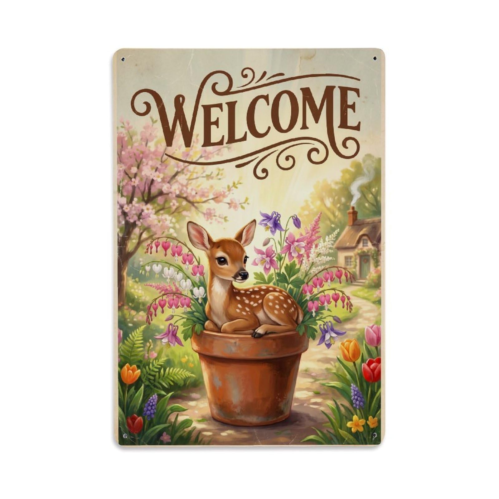 Cxhjca 8X12inch(20X30cm) Vintage Welcome Fawn Country Living Metal Tin Sign