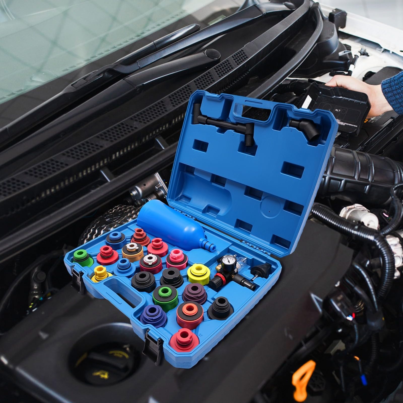 Kit di ricarica per olio motore, 24 pezzi, con unità ad aria compressa, 19 tappi di chiusura, imbuto 2 litri, kit per cambio dell'olio, per Audi BMW, Mercedes, officina, manutenzione auto, riparazione