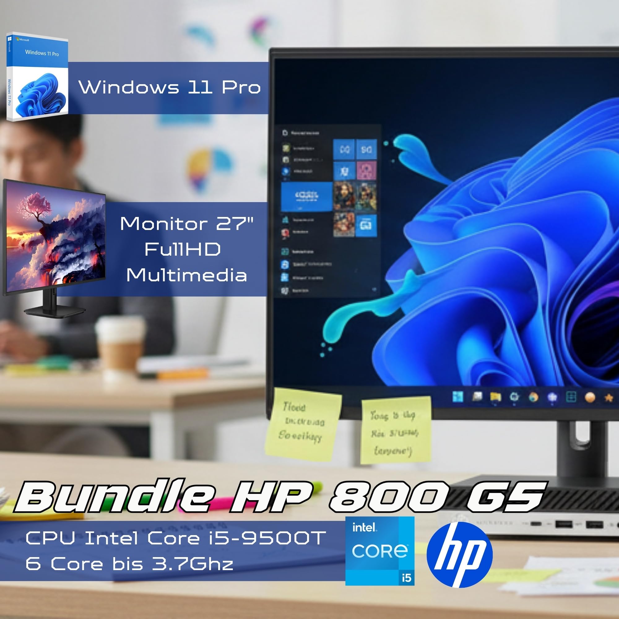 HP Mini-PC für Business und Büro, Intel Core i5-9500T, 16 GB RAM, 512 GB SSD, Windows 11 Pro, Monitor, integrierte Lautsprecher, 36 Monate Garantie