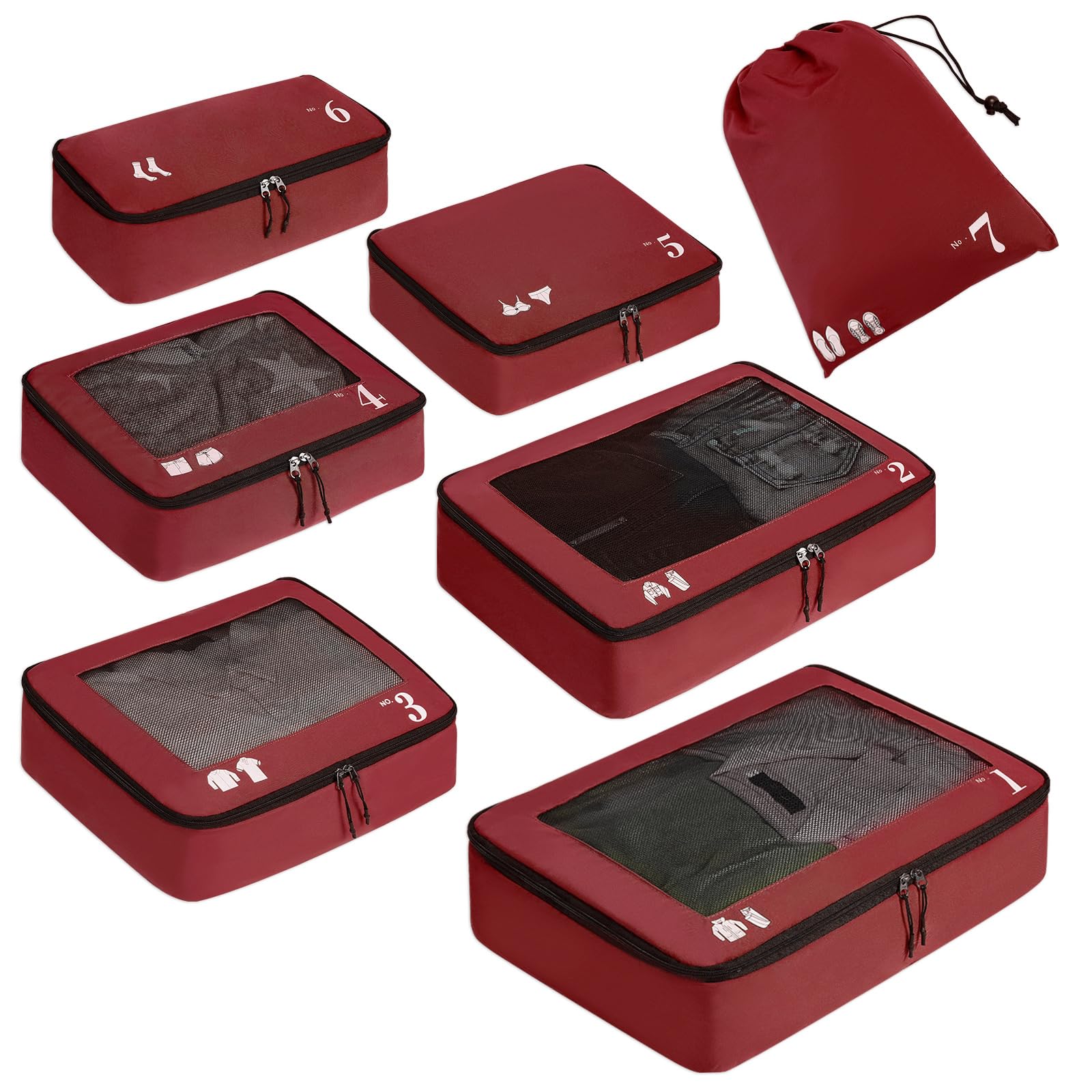 ECOHUBECOHUB 7 Set Packing Cubes Tear-Resistant Luggage Packing Organizers with Number Icon for Travel Accessories Luggage Suitcase Machine Washable Packing Cubes (Red)