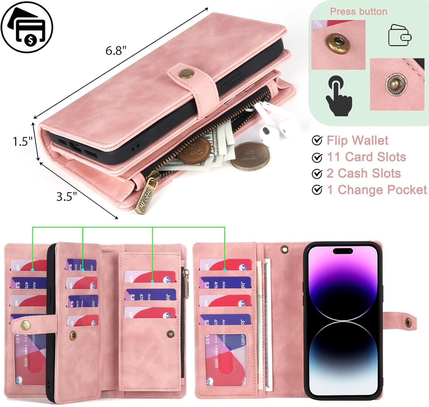 TwoHead Wallet Case Compatible with iPhone 15 Plus,Detachable Magnetic Phone Case,All-Round Shockproof Protective Leather Phone Case with Card Holder,6.7 in,Pink - Image 3