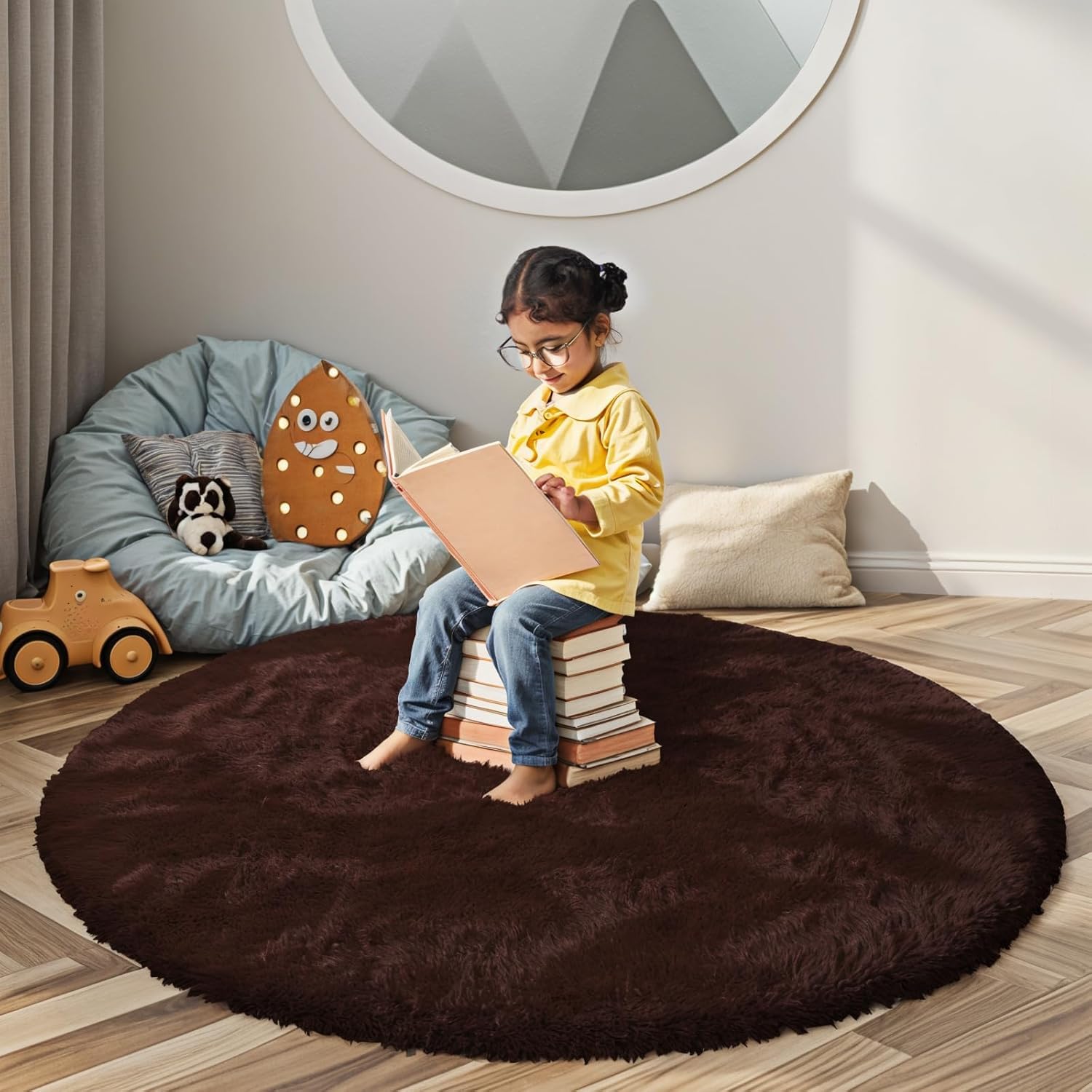 Super Soft Circle Rugs for Girls Princess Castle Toddlers Play Tent 4 Diameter Circular Area Rugs for Kids Bedroom Baby Room Decor Round Shag Playhouse Carpets(Φ4, Coffee)