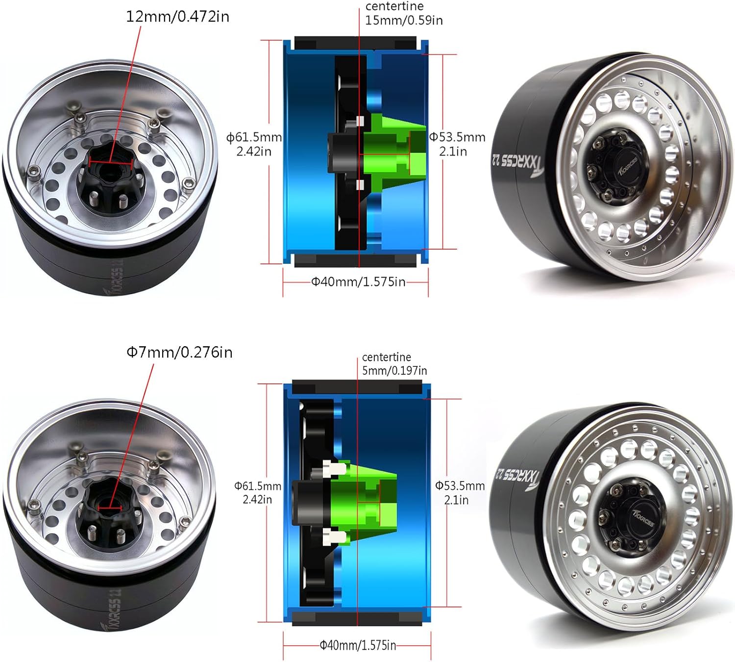 Adjustable 2 Offsets RC 2.2 Beadlock Wheels Rims Hub 1/10 Crawle Car Wheel Aluminum Upgrades for Remote Control SCX10 Capra Wraith/AMG 6x6RC Trx4 (4PC) (Silver)