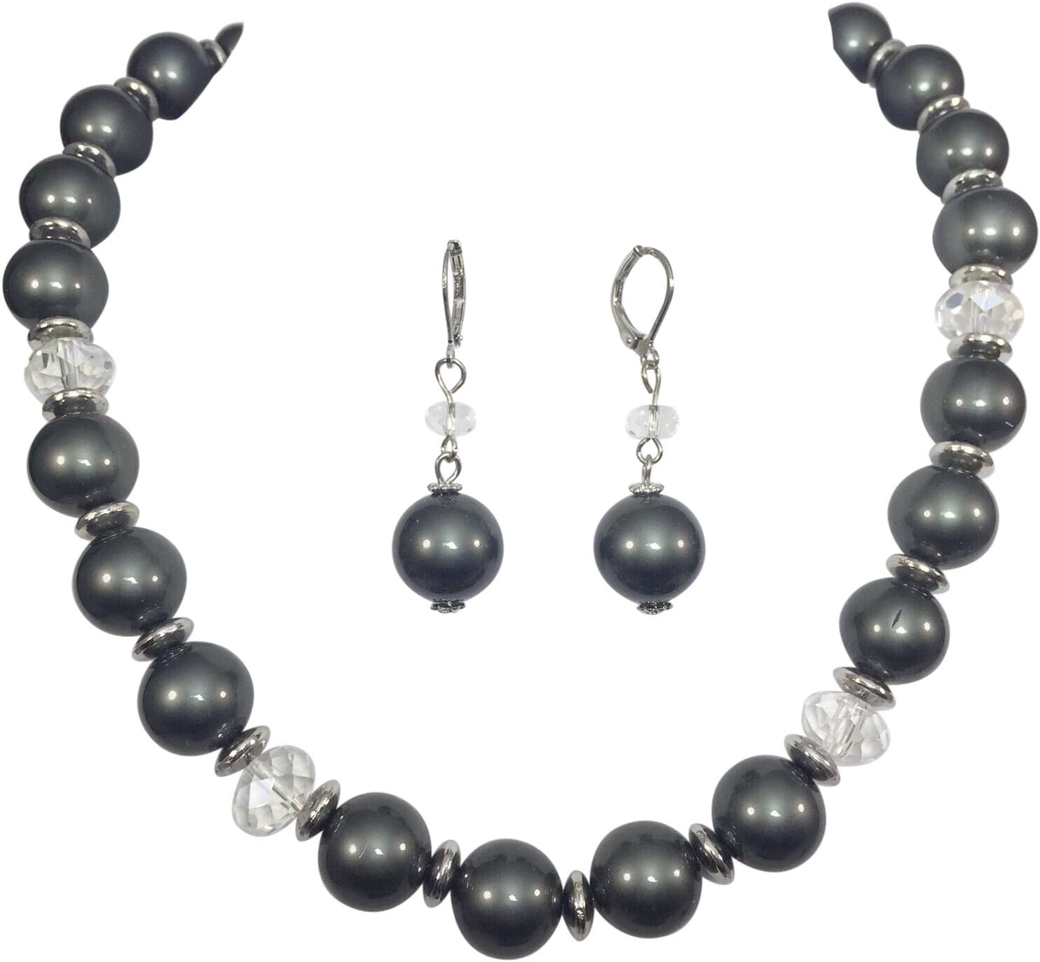 Gypsy Jewels Single Strand Glass Beaded Simulated Pearl Necklace Dangle Earrings Set (Grey & Clear)