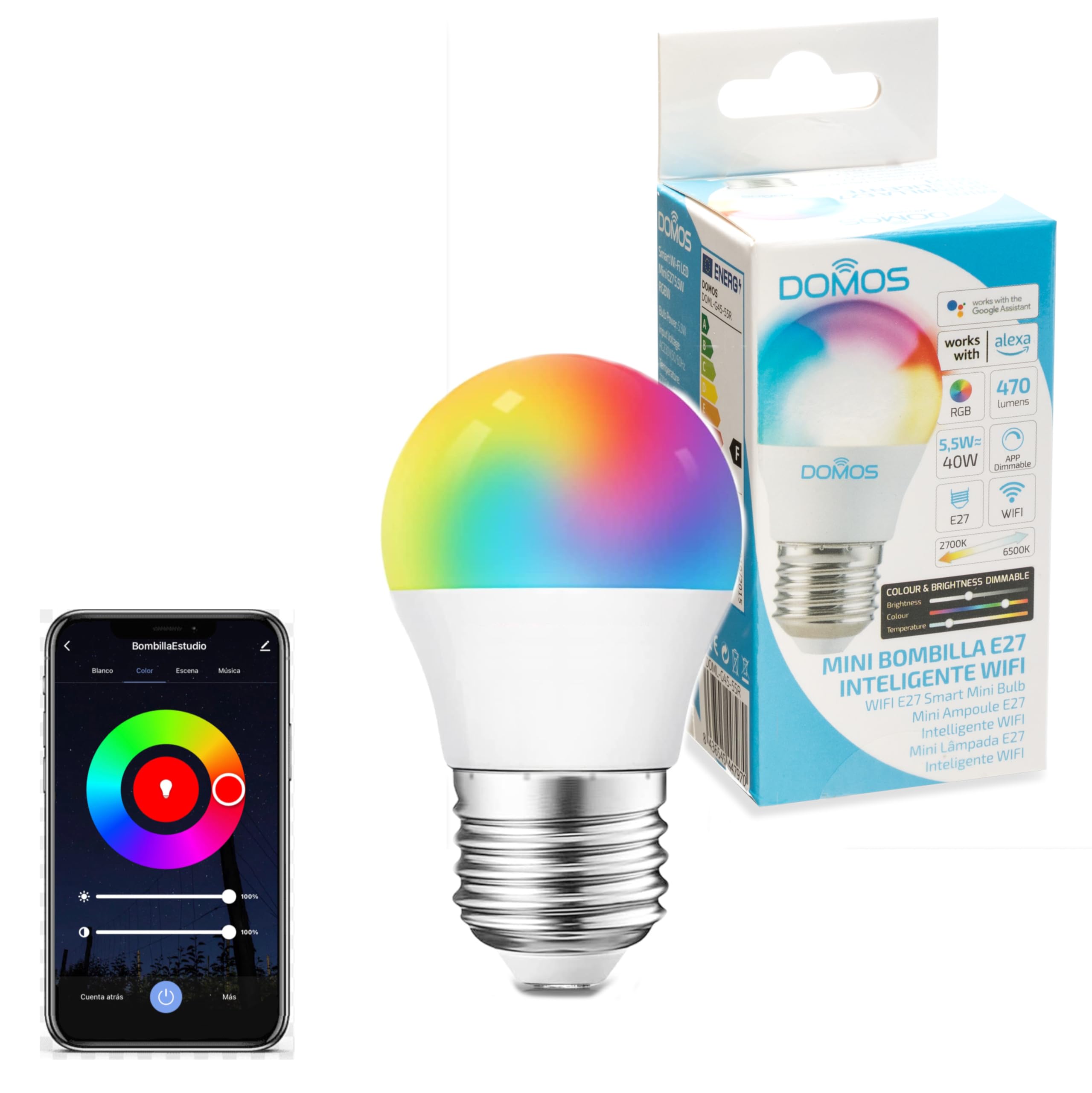 Domos - Bombilla Wifi Inteligente LED Mini Luz de Colores de 5.5W | Bombilla E27 Regulable y Programable Smart Home | Compatible con Alexa y Google Assistant | Cambio de Color RGB e Intensidad