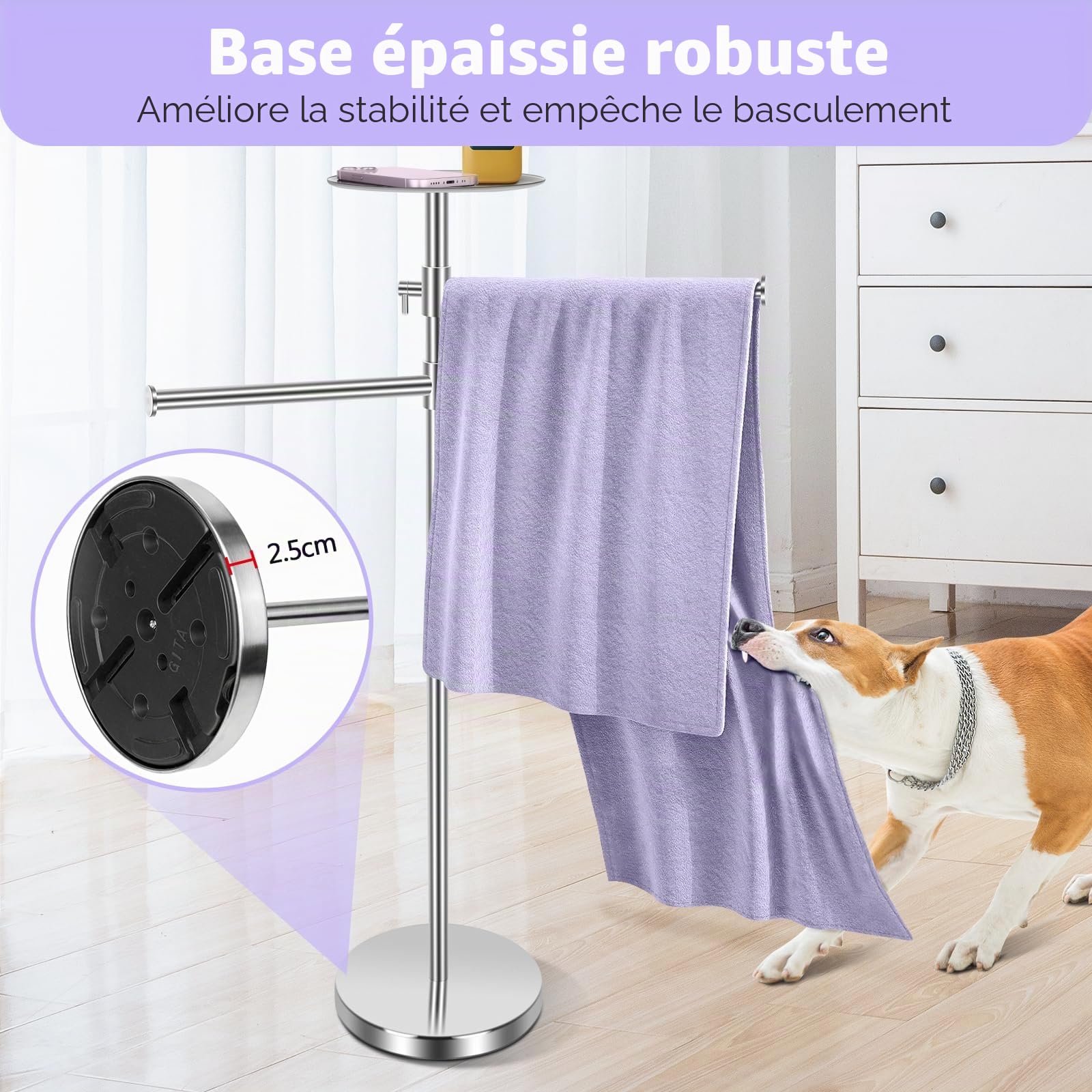 Alyvisun Porte Serviette Salle de Bain, Porte Serviette sur Pied avec Plateau et 2 Bras Extensibles [Réglable en Hauteur et Rotatif à 360°], Porte-Serviettes en Acier Inoxydable, Argent