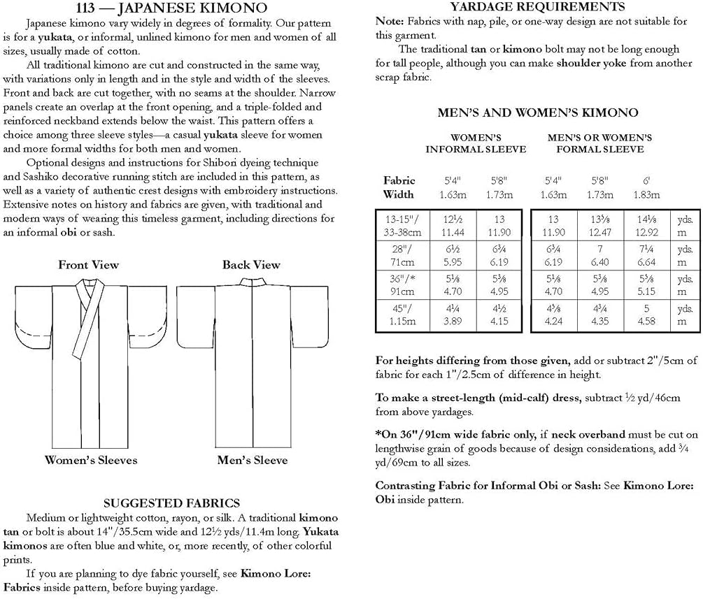 Folkwear Japanese Kimono #113 Yukata Dress Coat Robe OBI Sash Japan Sewing Pattern (Pattern Only) folkwear113