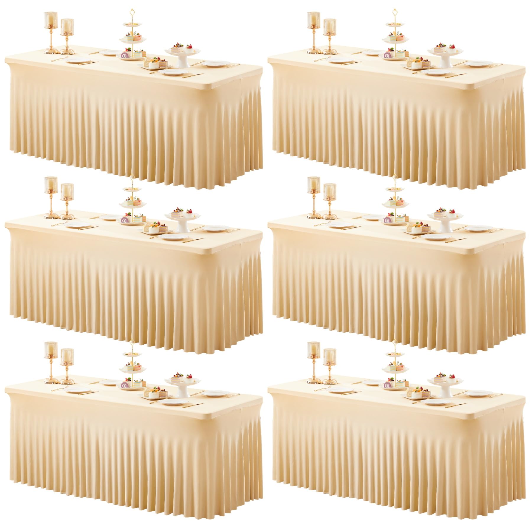 Champagne Spandex Table Covers 8ft, 6 Packs Fitted Table Covers for 6 Foot Tables Stretch Spandex Table Skirts Rectangle Tables for Event, Wedding, Banquet & Parties — image 1