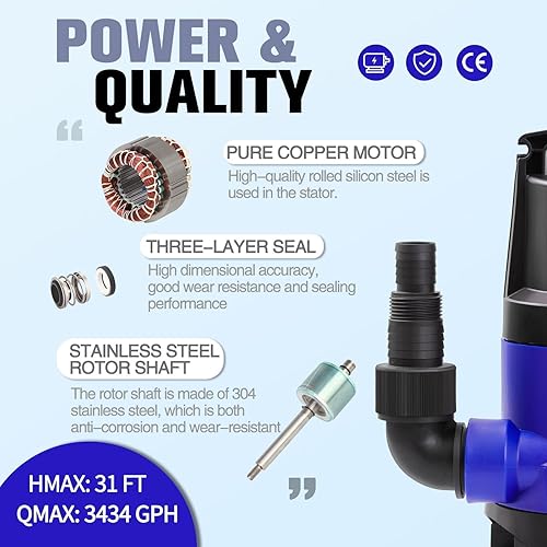 Miniatura 5 de MEDAS 1HP 3434 GPH Bomba de Sumidero Sumergible Bomba de Agua LimpiaSucia Bomba Utilitaria Portátil con Cable de 16.4 pies para Piscina Jardín