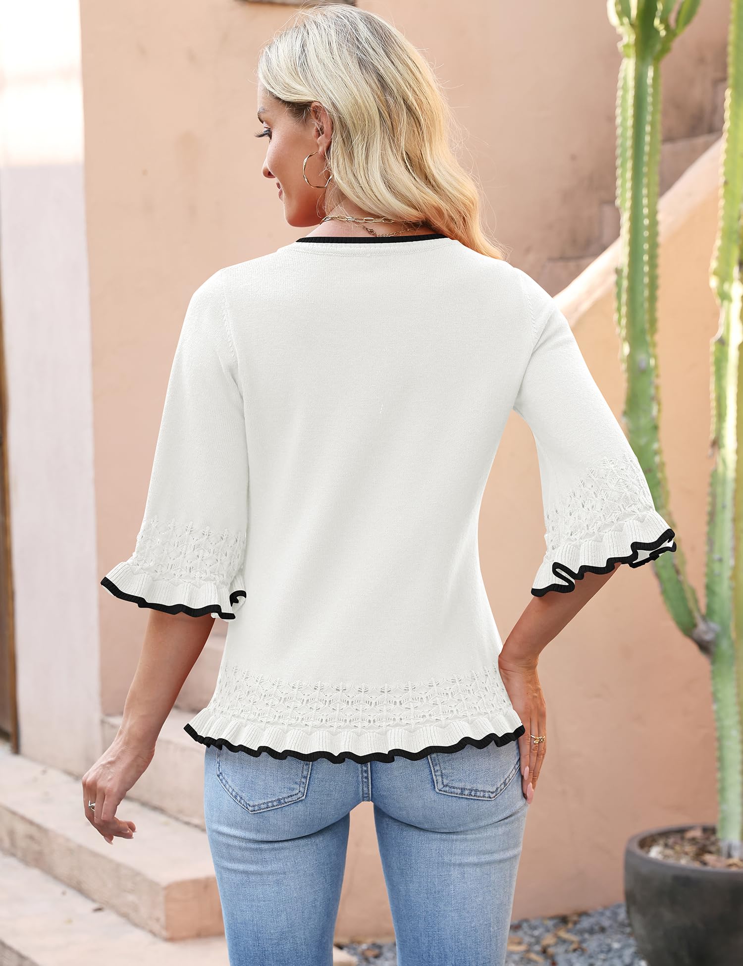 LOMON Women's Sweaters 3/4 Sleeve Business Casual Sweater V Neck Boho Tops Cute Crop Knit Peplum Pullover Spring Outfits — view 4