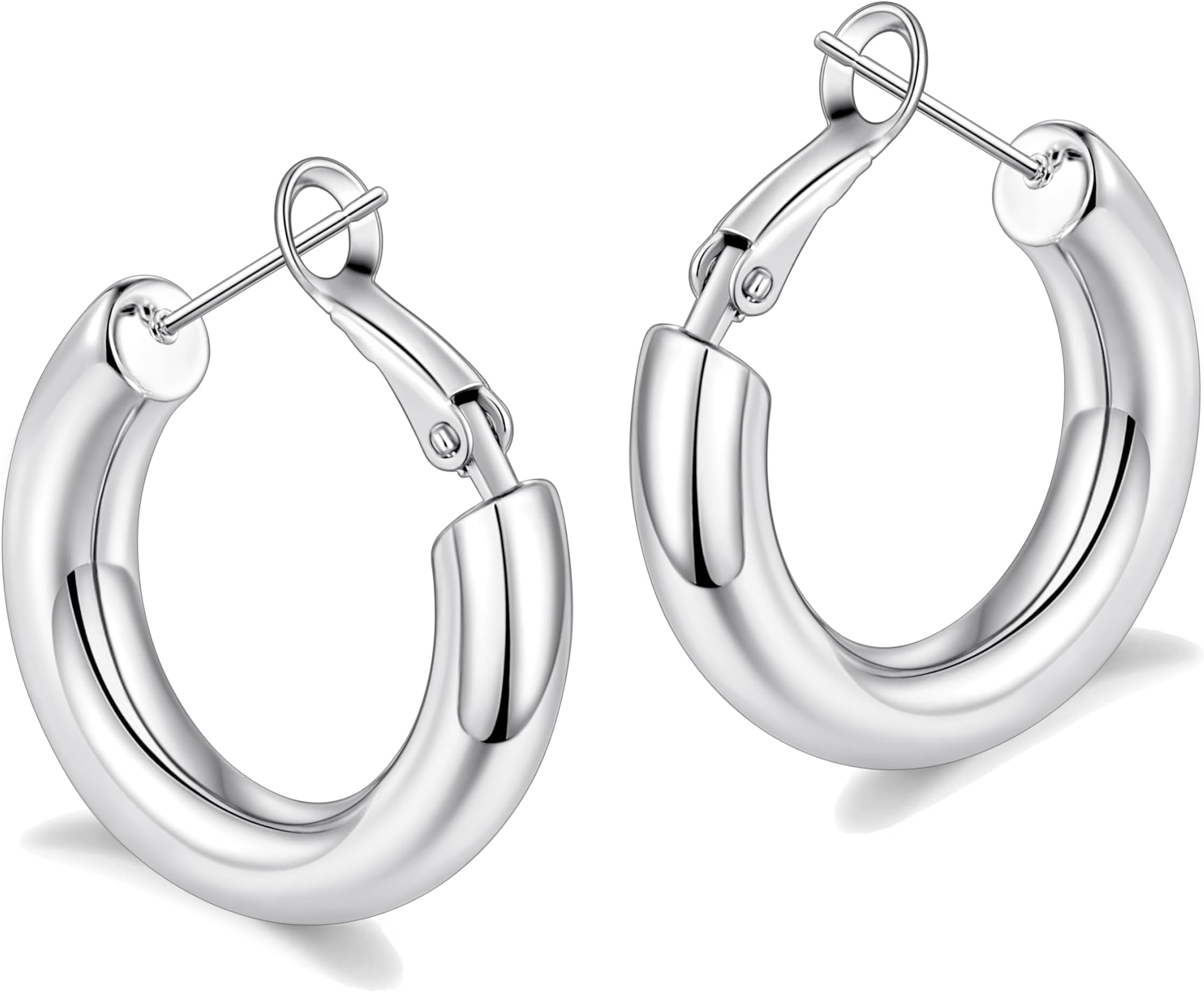 Chunky 14K Gold Plated Hoop Earrings for Women with 925 Sterling Silver Post, Thick Hoops Earrings for Women