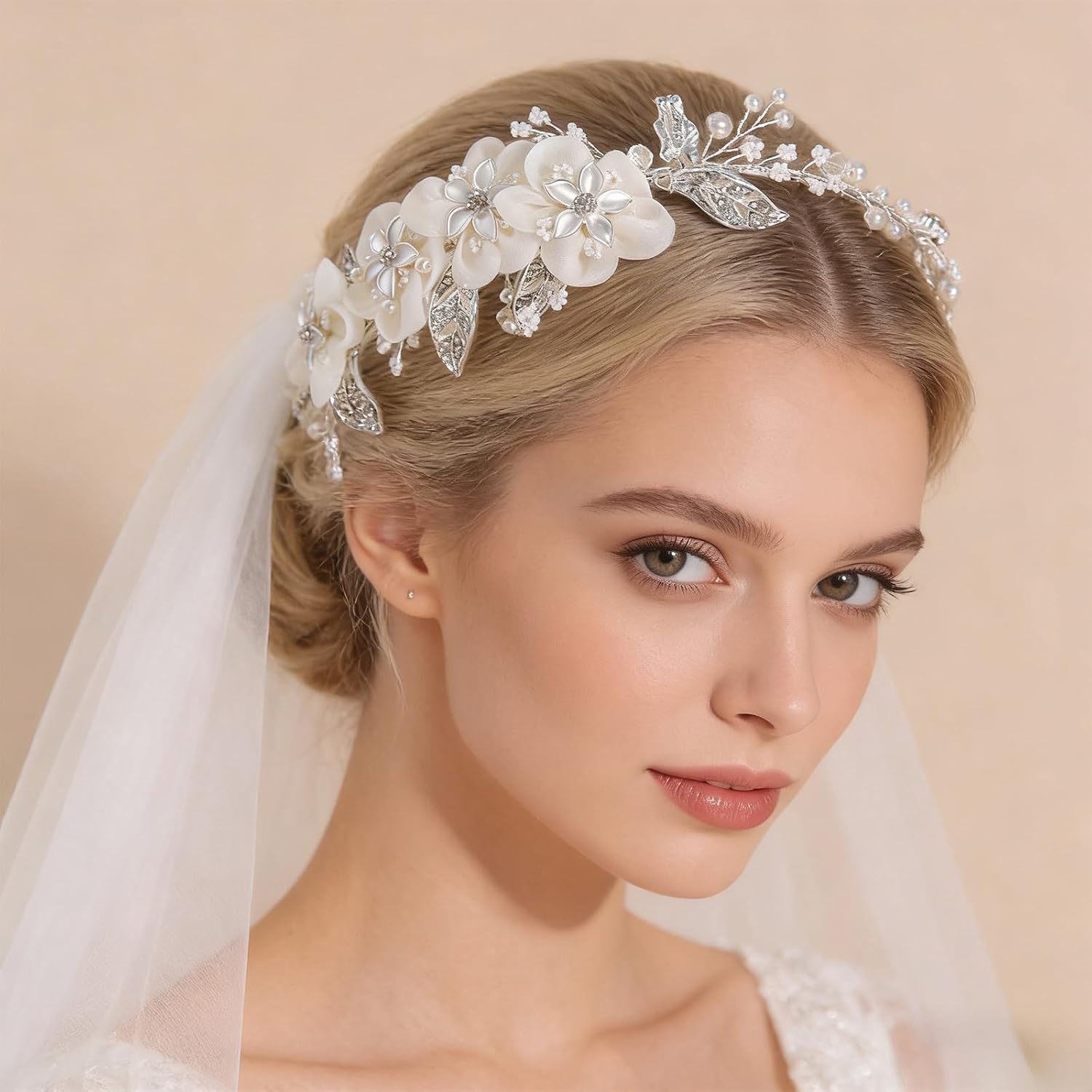 Comfortable Asymmetric Snowflake Bridal Crown in Copper Alloy with Pearls Design for Photography Floral Tiaras
