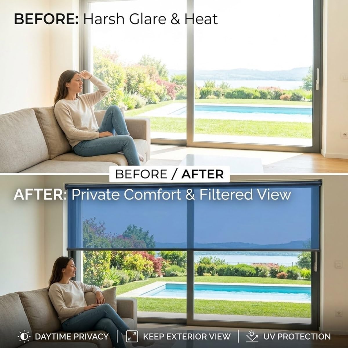 Store Enrouleur Anti Chaleur sans Perçage, Store Occultant Thermique pour Fenêtre Balcon, Protection Solaire Intimité de Jour, Rideau Miroir sans Tain sans Cordon(Bleu,W90xH150cm)